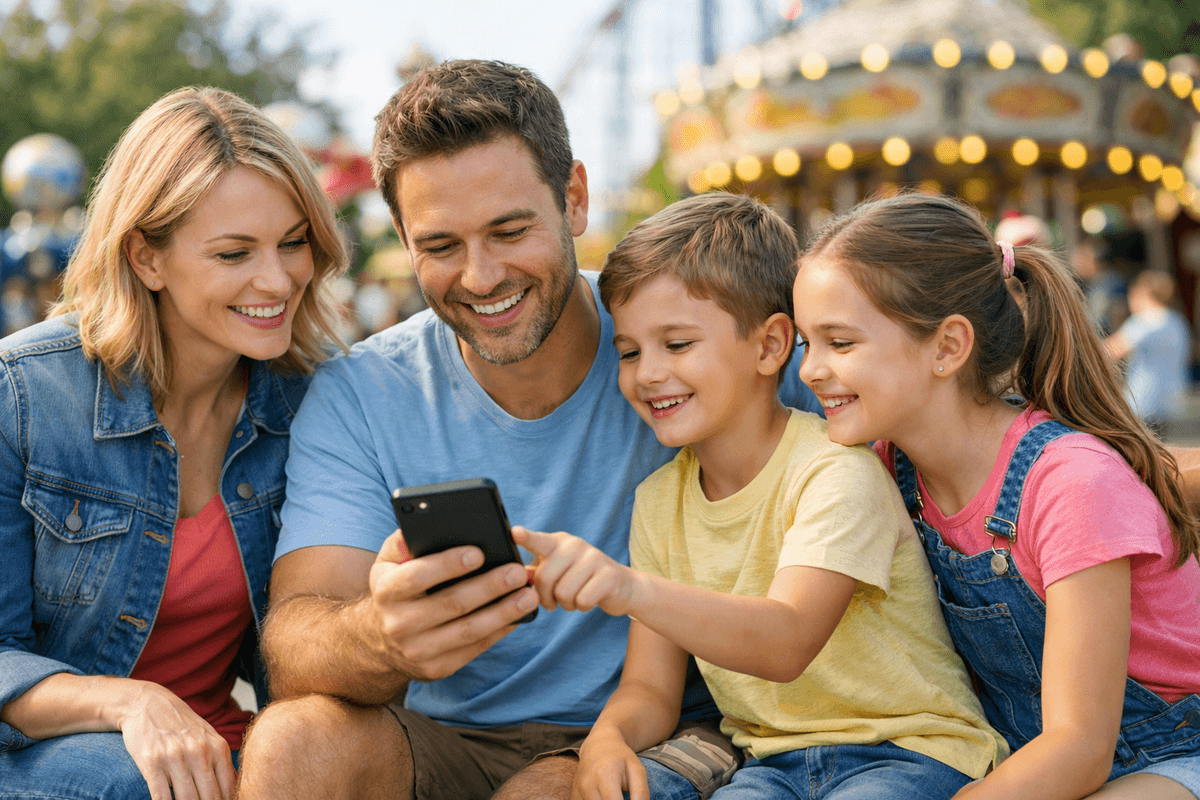 family looks at phone together at an amusement park